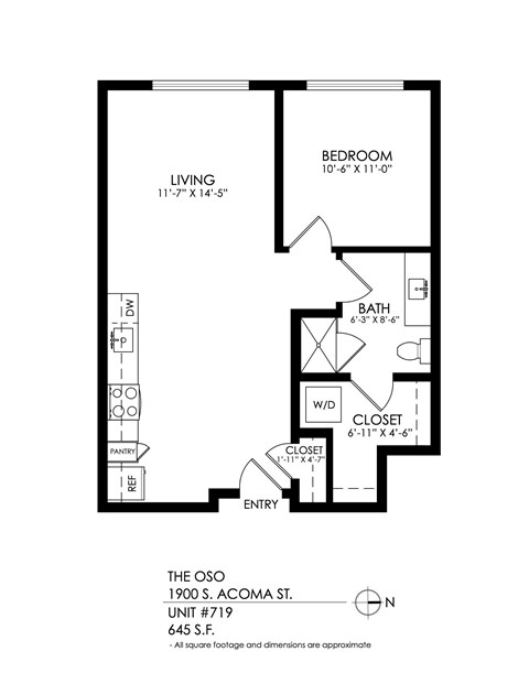 Floor plan for 1 bed, 1 bath, 699 sqft